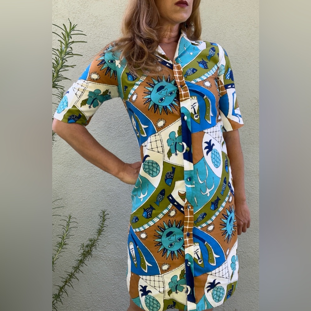 Vintage 1960s Tori Richard Honolulu Mid Century Cotton Hawaiian Tiki Dress Sz S
